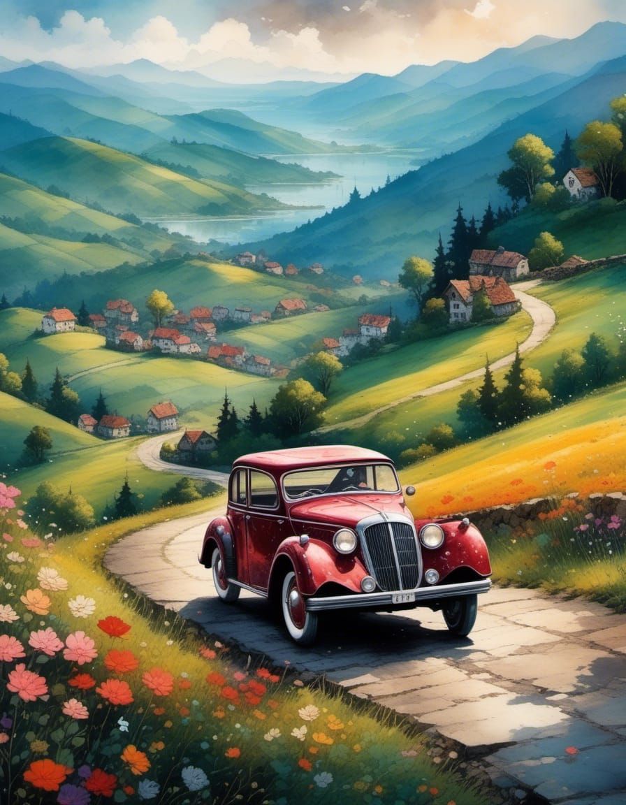 Vintage Car on Mountain Road in Mail Art Style