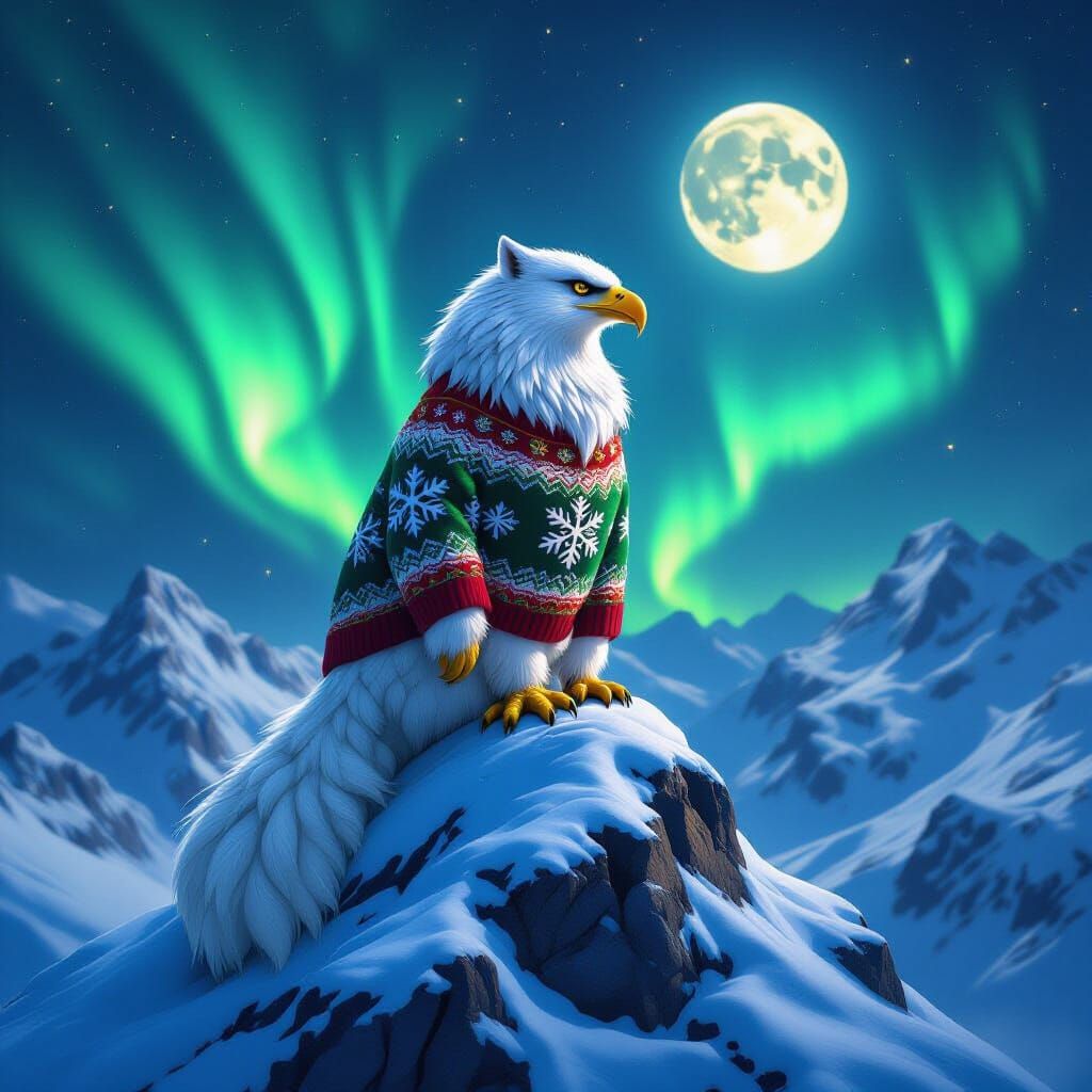 Majestic Griffon in Christmas Sweater Under Northern Lights
