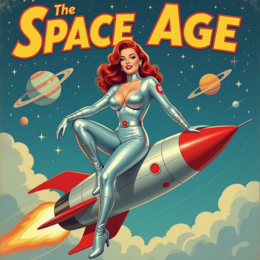 Retro-Futuristic Pin-Up Poster of Space Age Woman