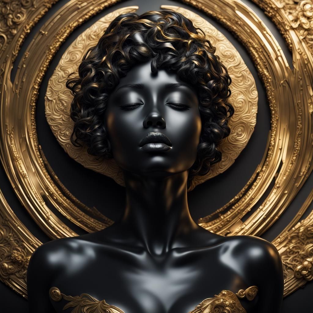 Obsidian Glass Woman with Golden Halo: Hyperrealistic Sculpt...
