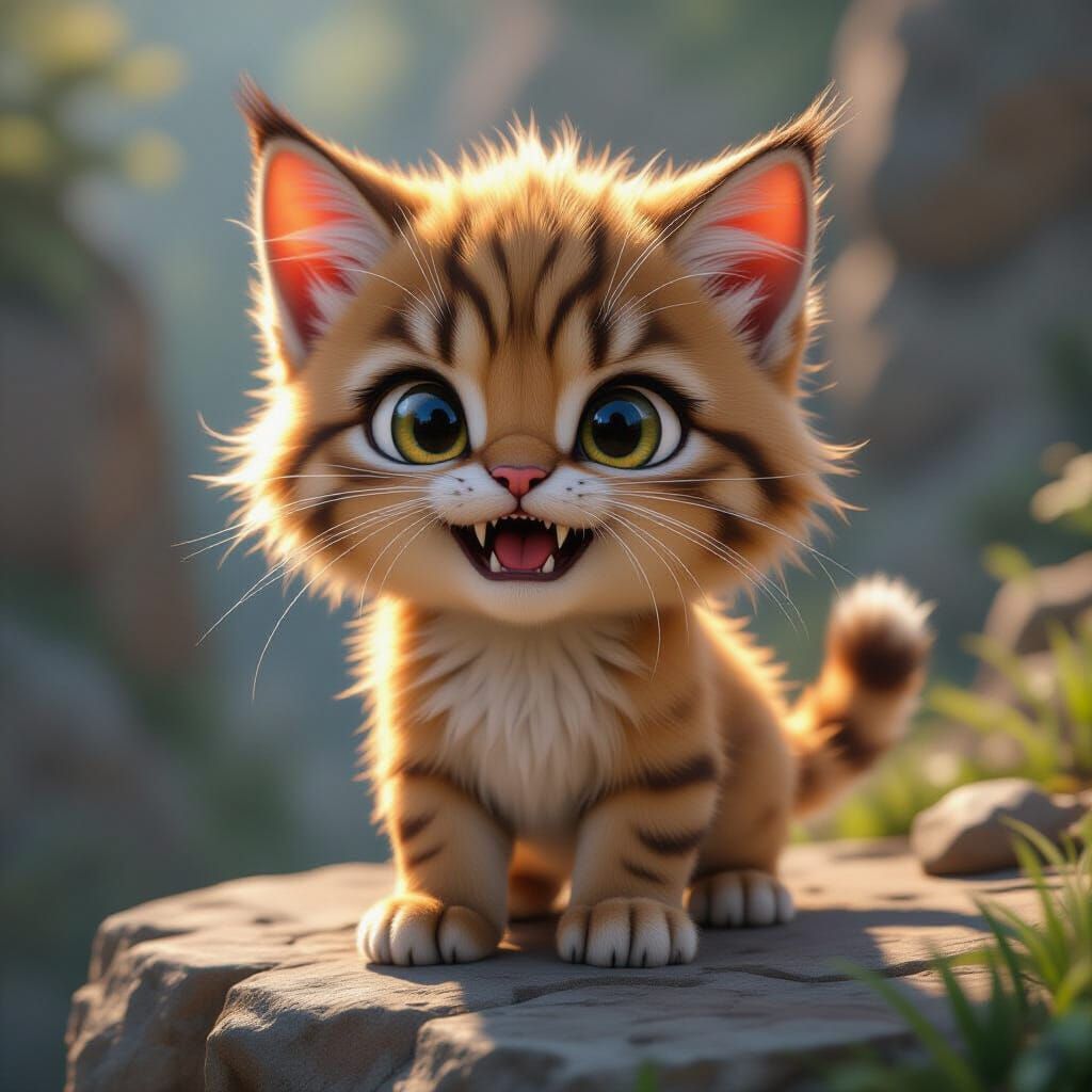 Menacing Chibi Saber-Toothed Kitten in Disney-Pixar Style