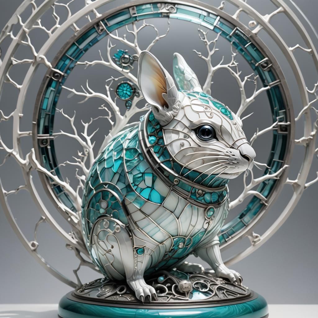 Biomechanical Glass Chinchilla Sculpture in Cyberpunk Style