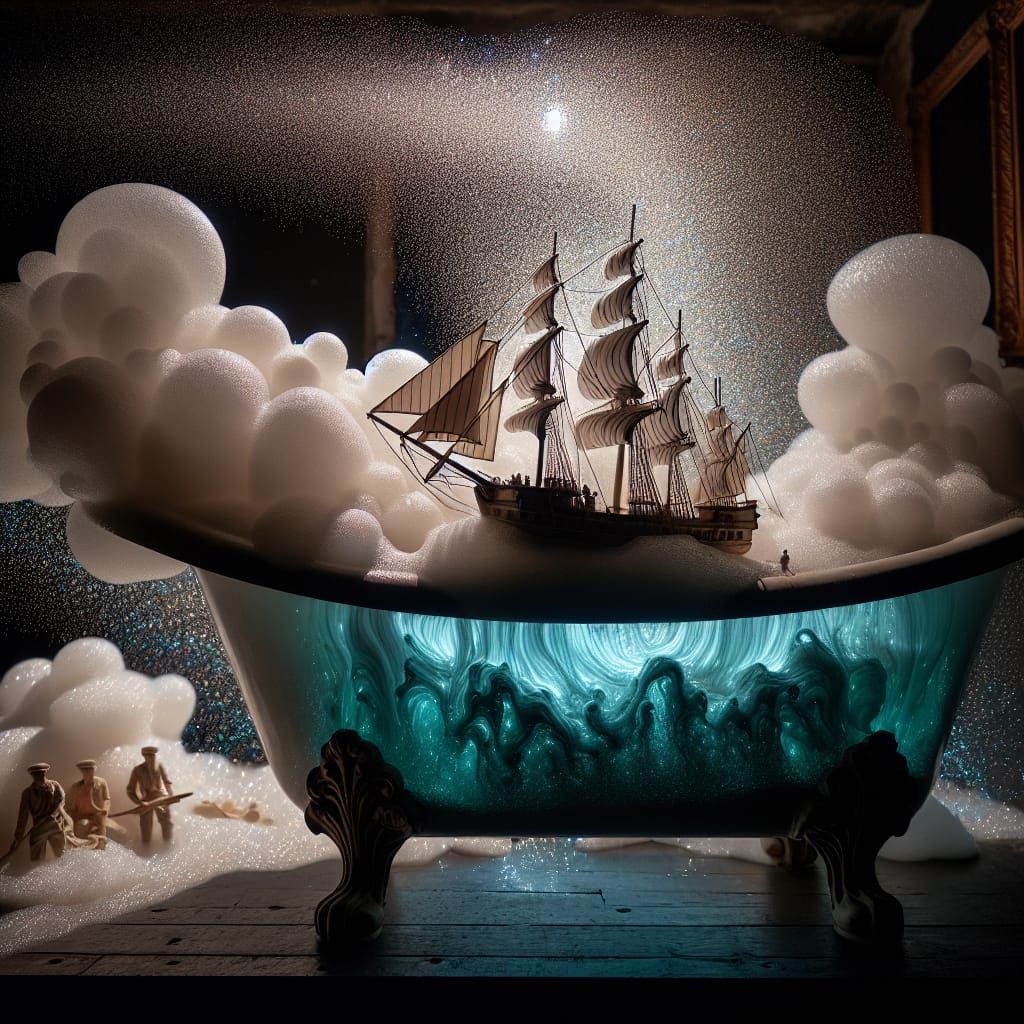 Miniature Ship Navigates Bubble Ocean in Bathtub