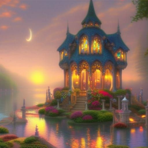 Ethereal Elf House on Lake with Lanterns