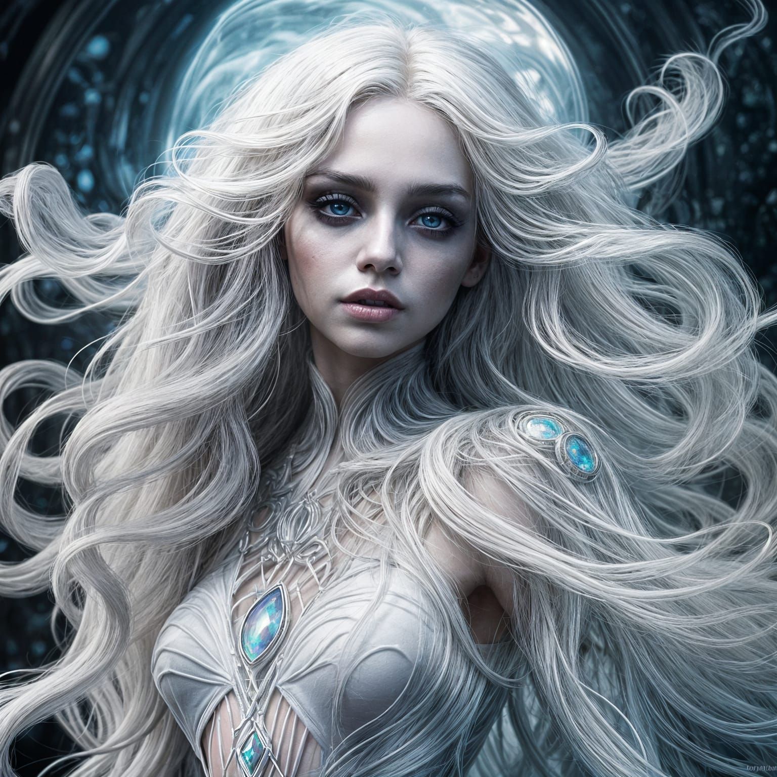 Iridescent Ghost with White Hair, Hyperrealistic Digital Art