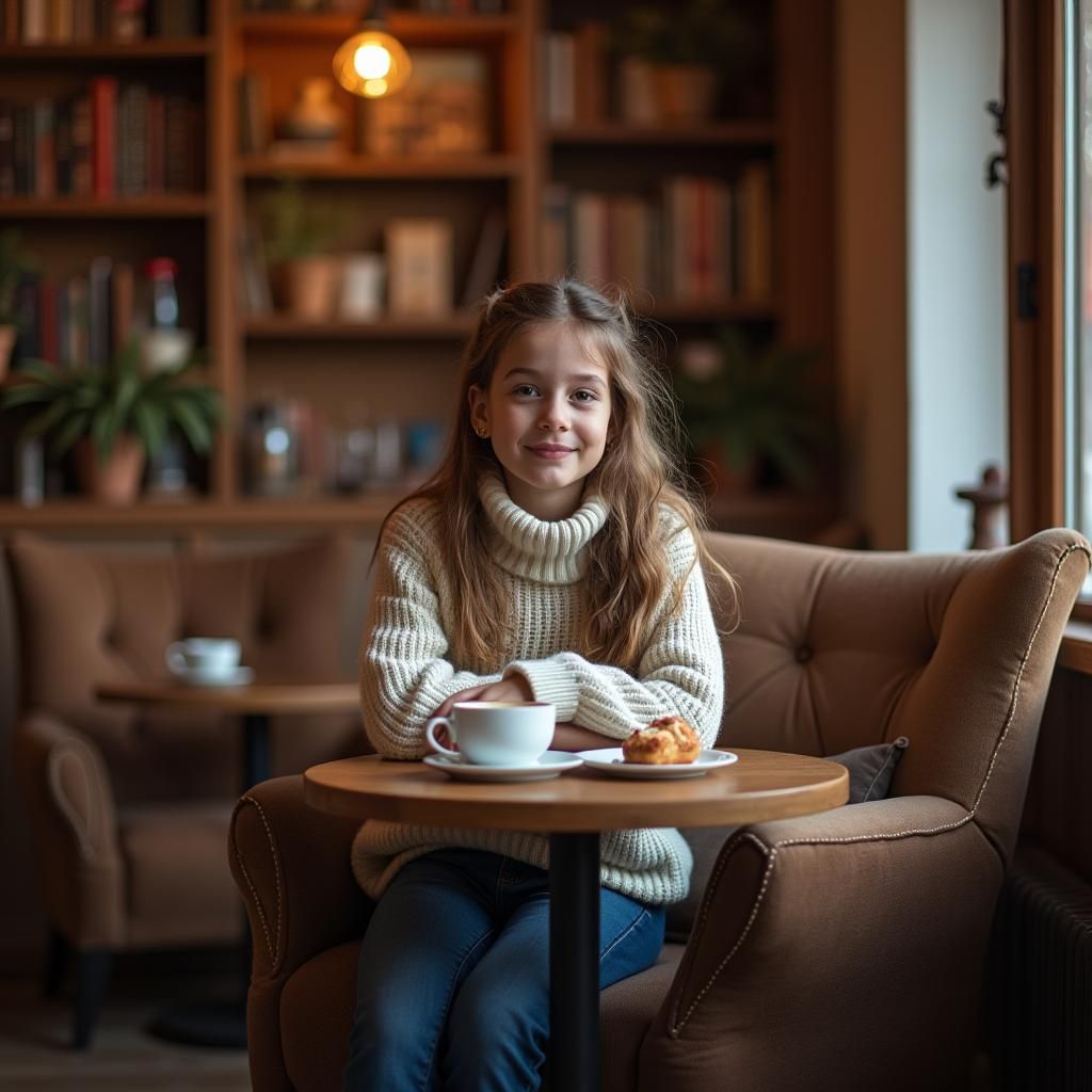 Cozy Coffee Shop Scene with Girl and Pastry