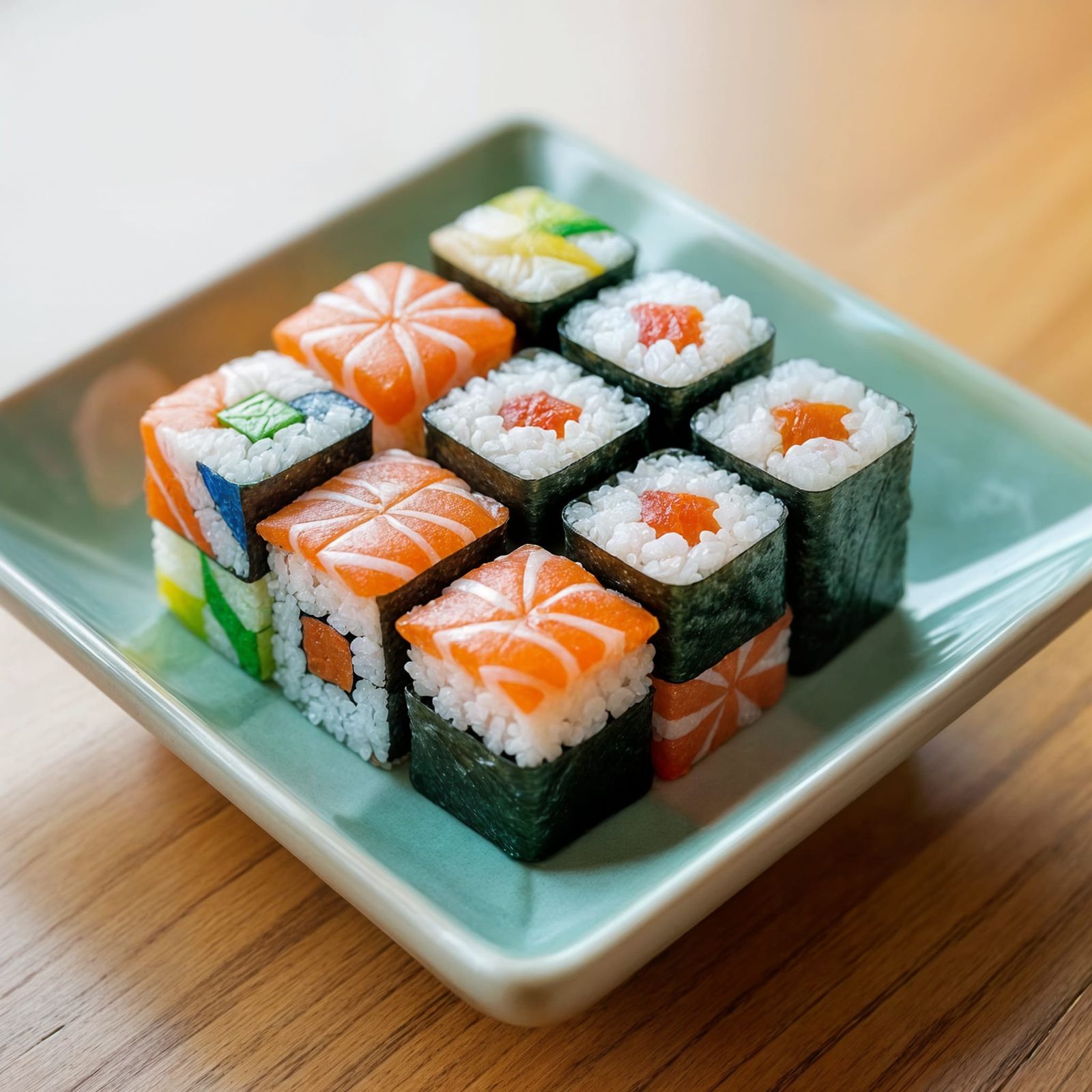 Sushi Rubik's Cube on Ceramic Dish