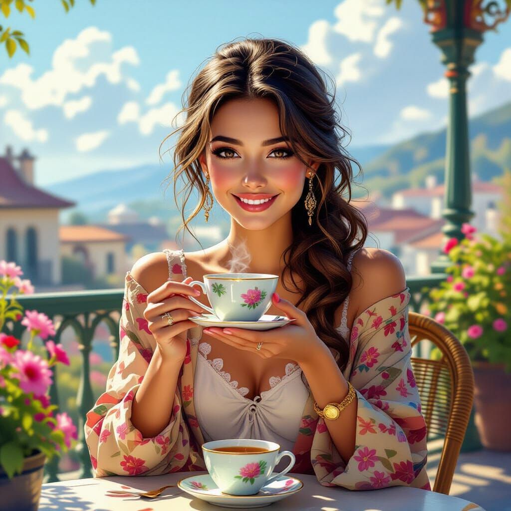Elegant Woman Enjoys Tea on Picturesque Terrace