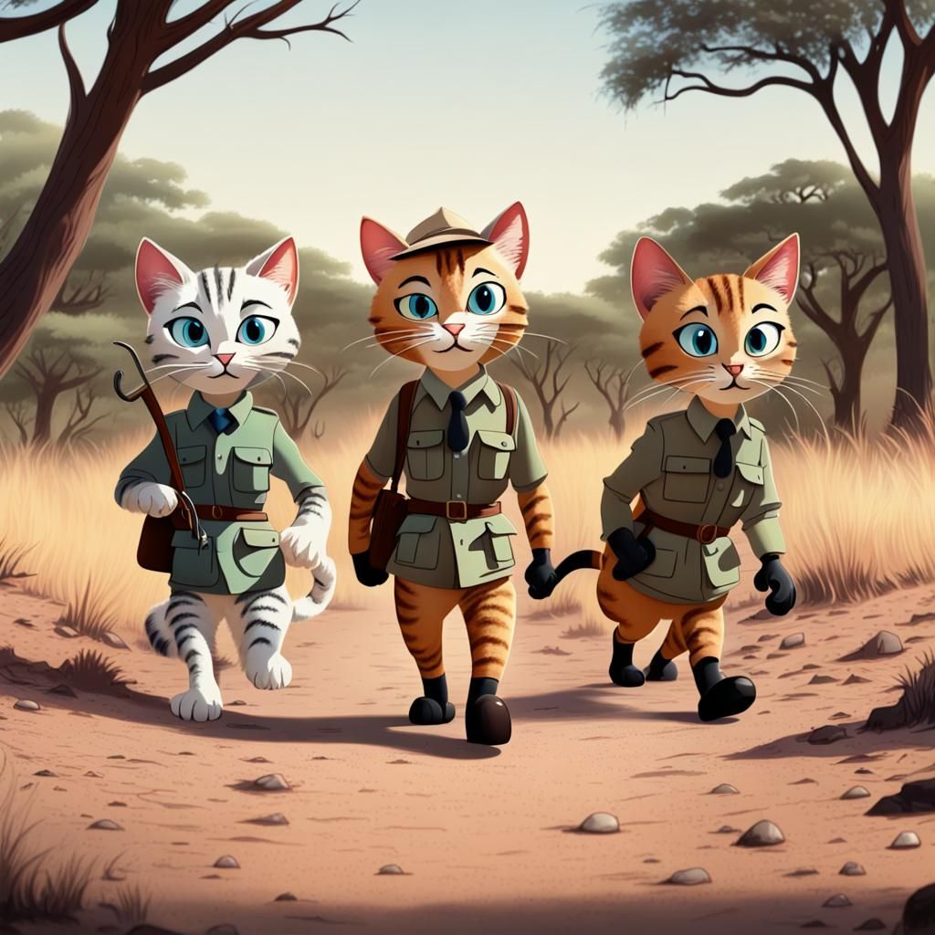 Humanoid cats on safari, hunting, hanna barbera style animat...