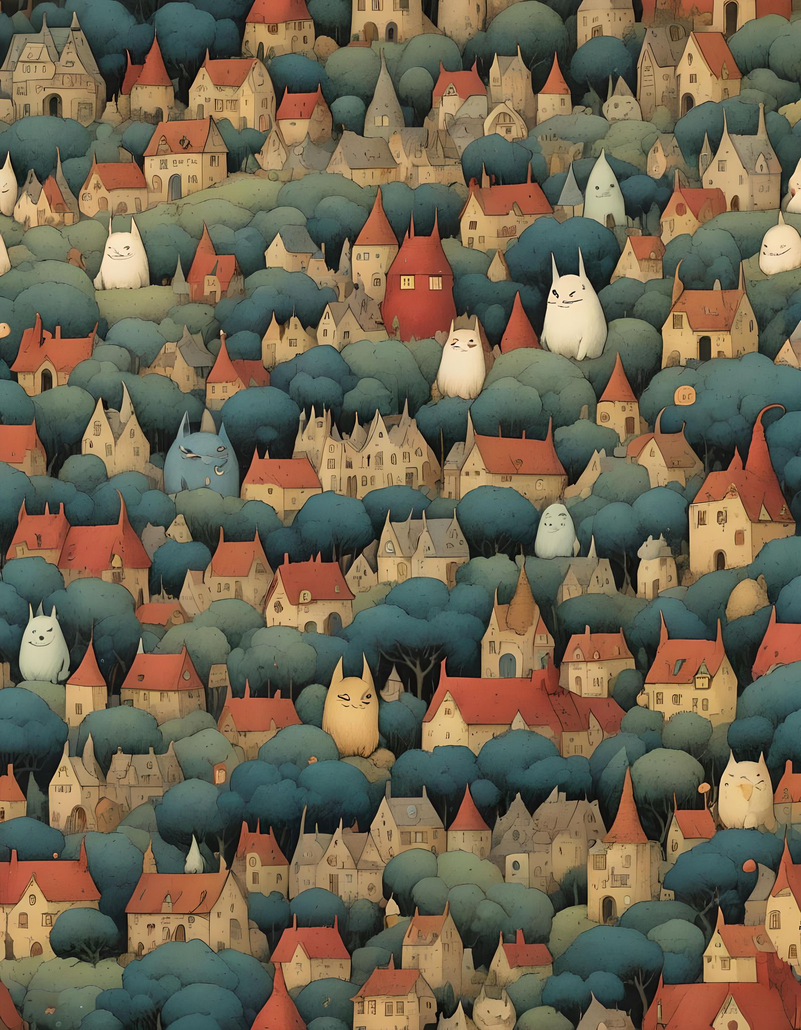 Fluffy Giant Devil Laughing in Village, Simplistic Pastel Ar...