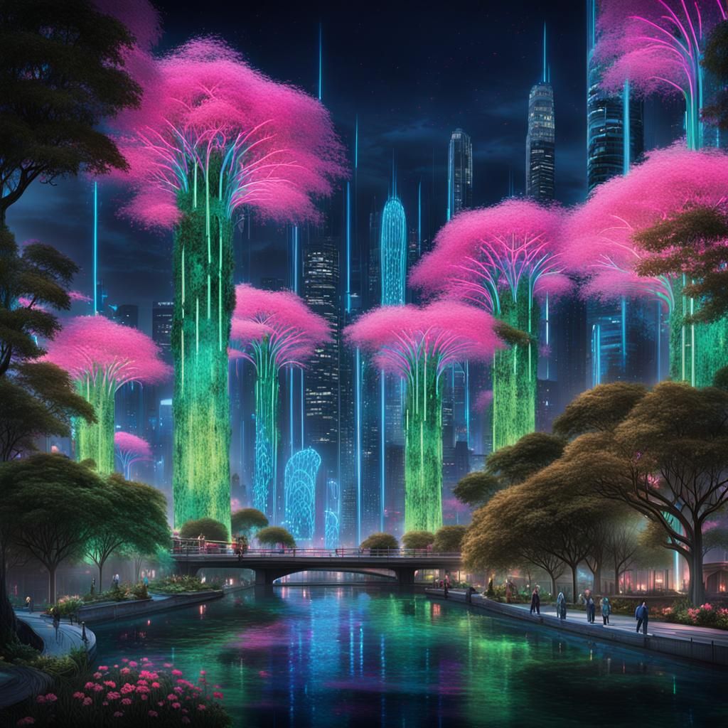Futuristic City: Bioluminescent Nature Meets Neon Technology