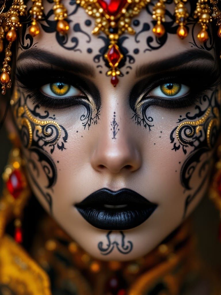 Opulent Face Design with Amber and Red Details