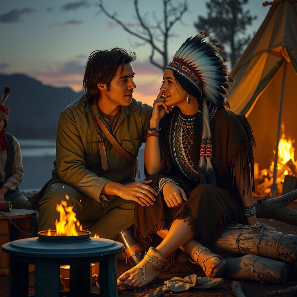 Frontier Lovers by Campfire in a Romantic Realism Style