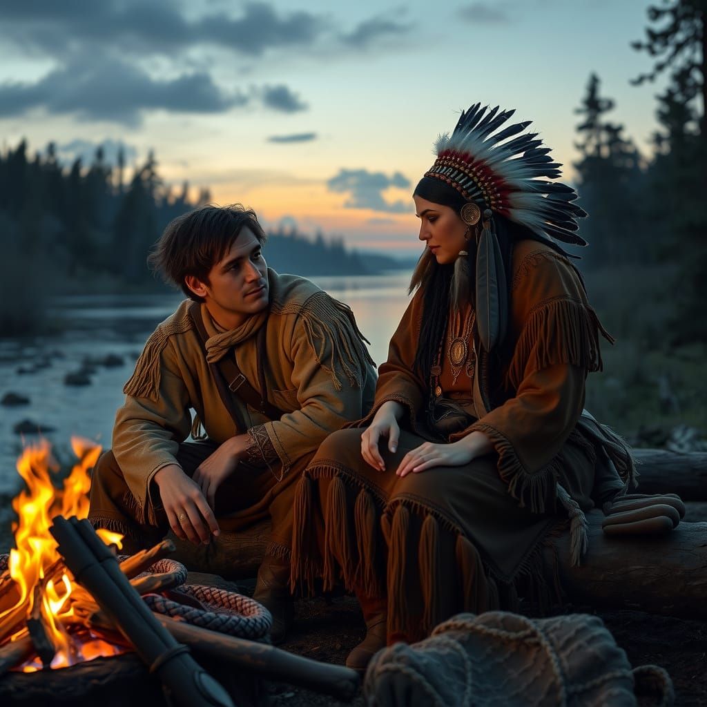 Frontier Lovers Share a Moment of Intimacy by Campfire