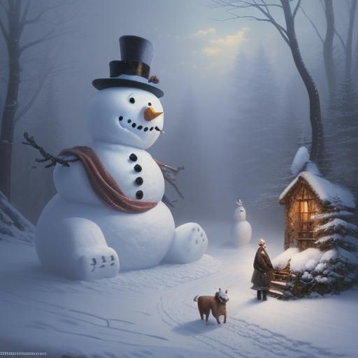Snowman and Snowdog in Ethereal Fantasy Style