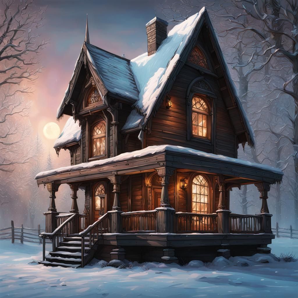 Victorian Gothic Winter Cabin in Hyperrealistic Style