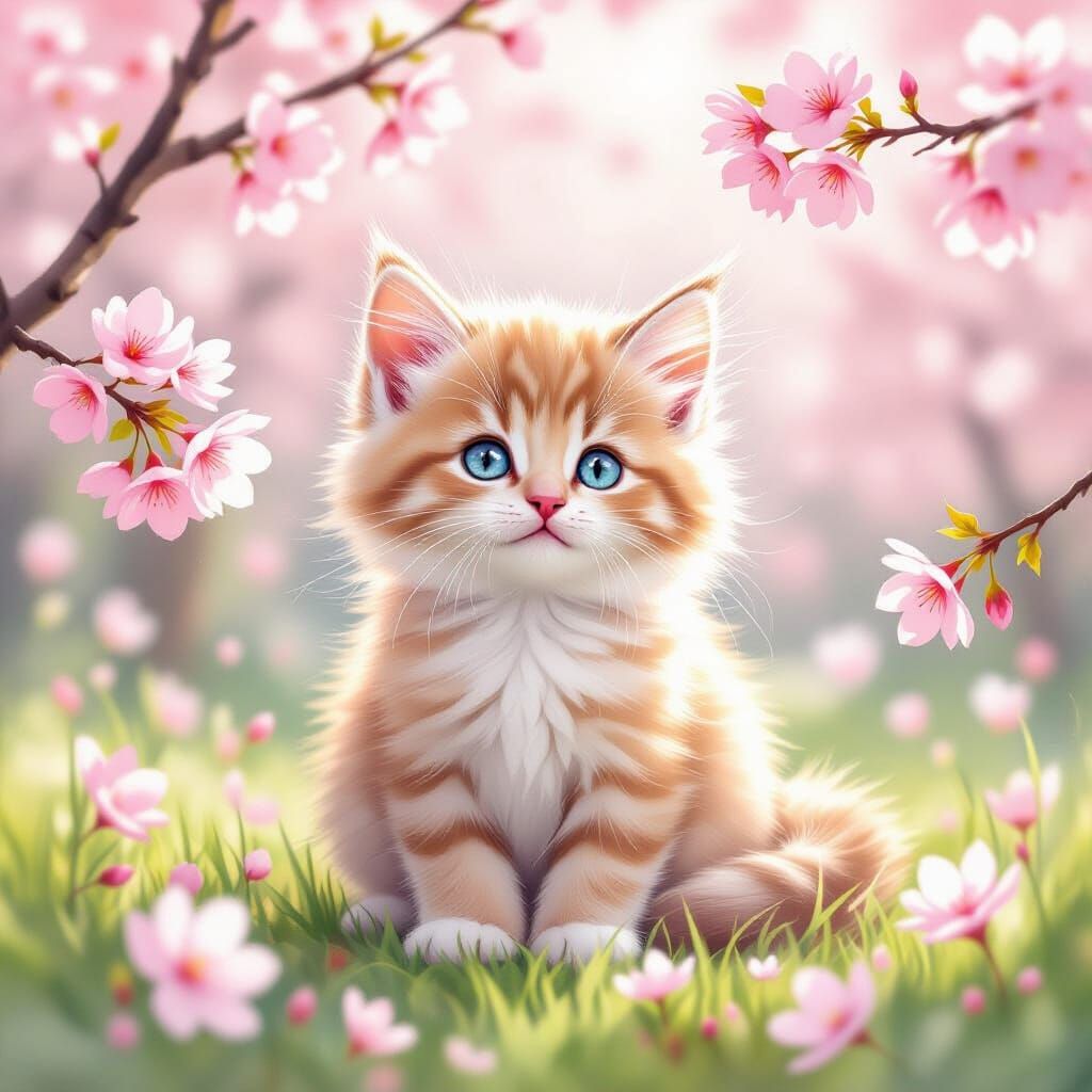 Fluffy Pink Kitten in Cherry Blossoms Watercolor