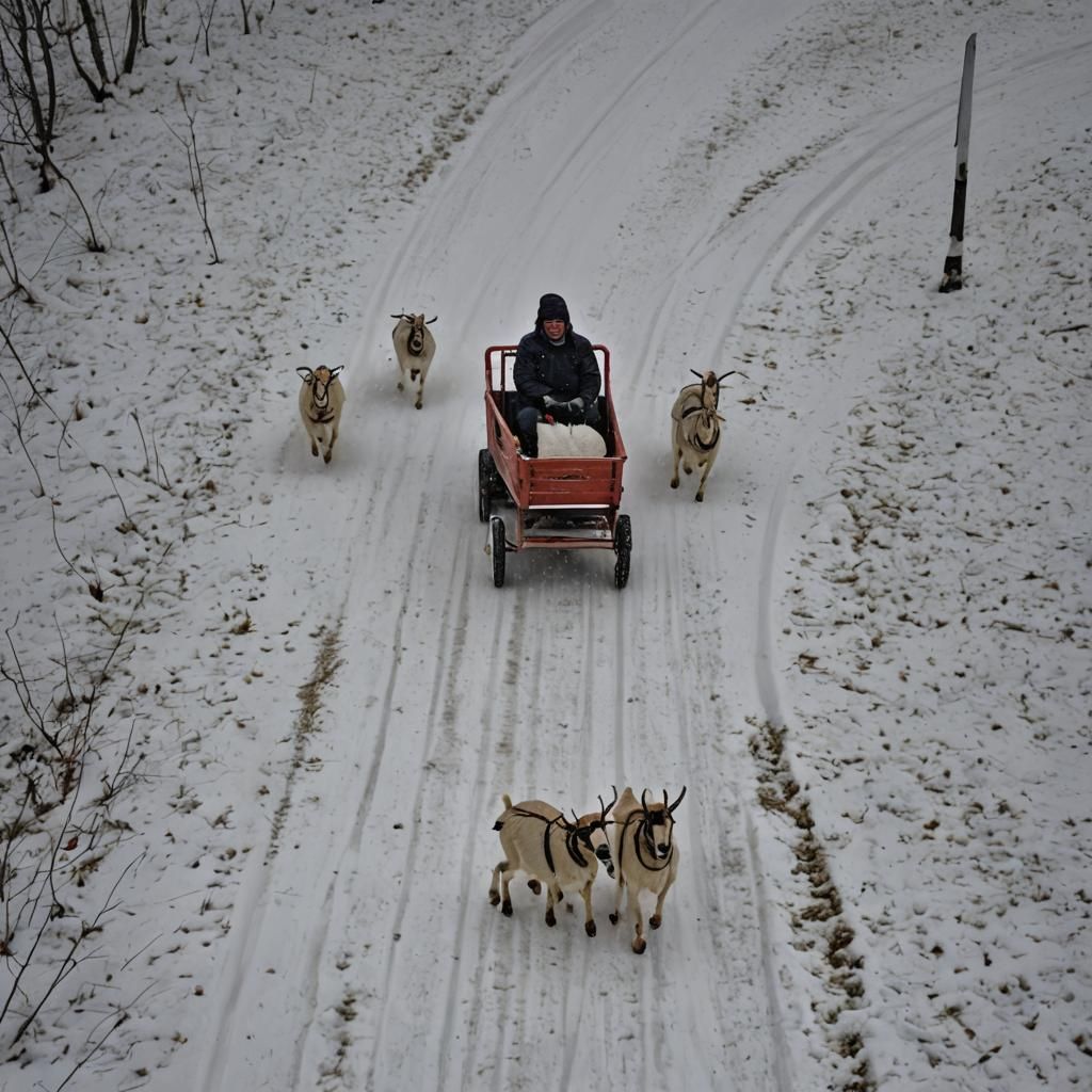 Goat Cart Racing in Snowy Winter Landscape