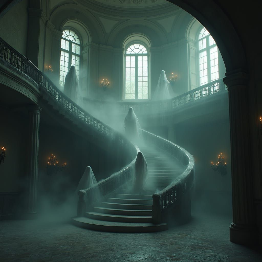 Friendly Ghosts in Haunted House with Staircase