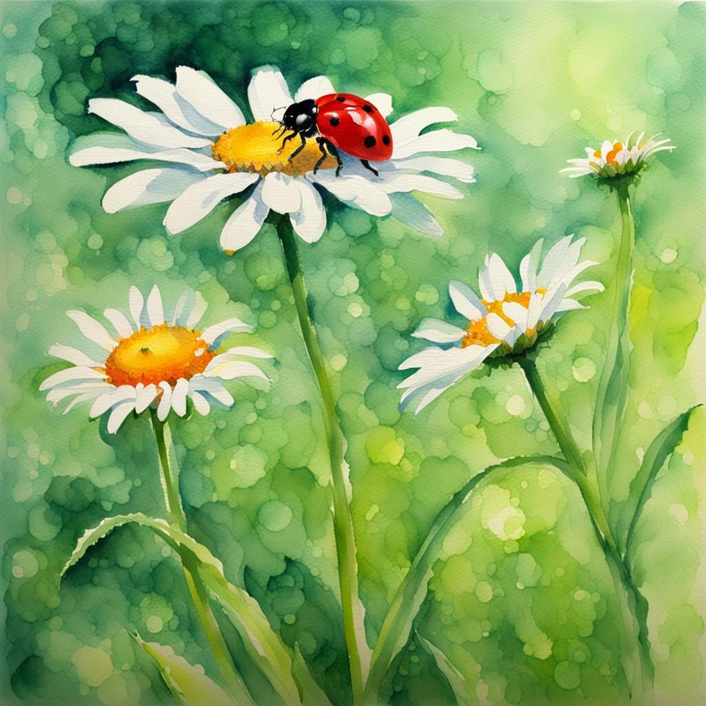 A daisy with a red ladybird.