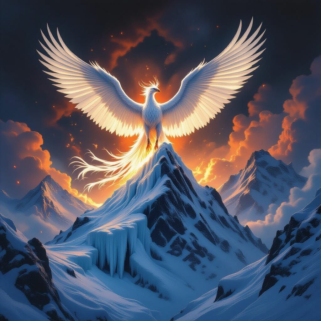 Ice Phoenix Rises from Mountain in Fiery Ascent
