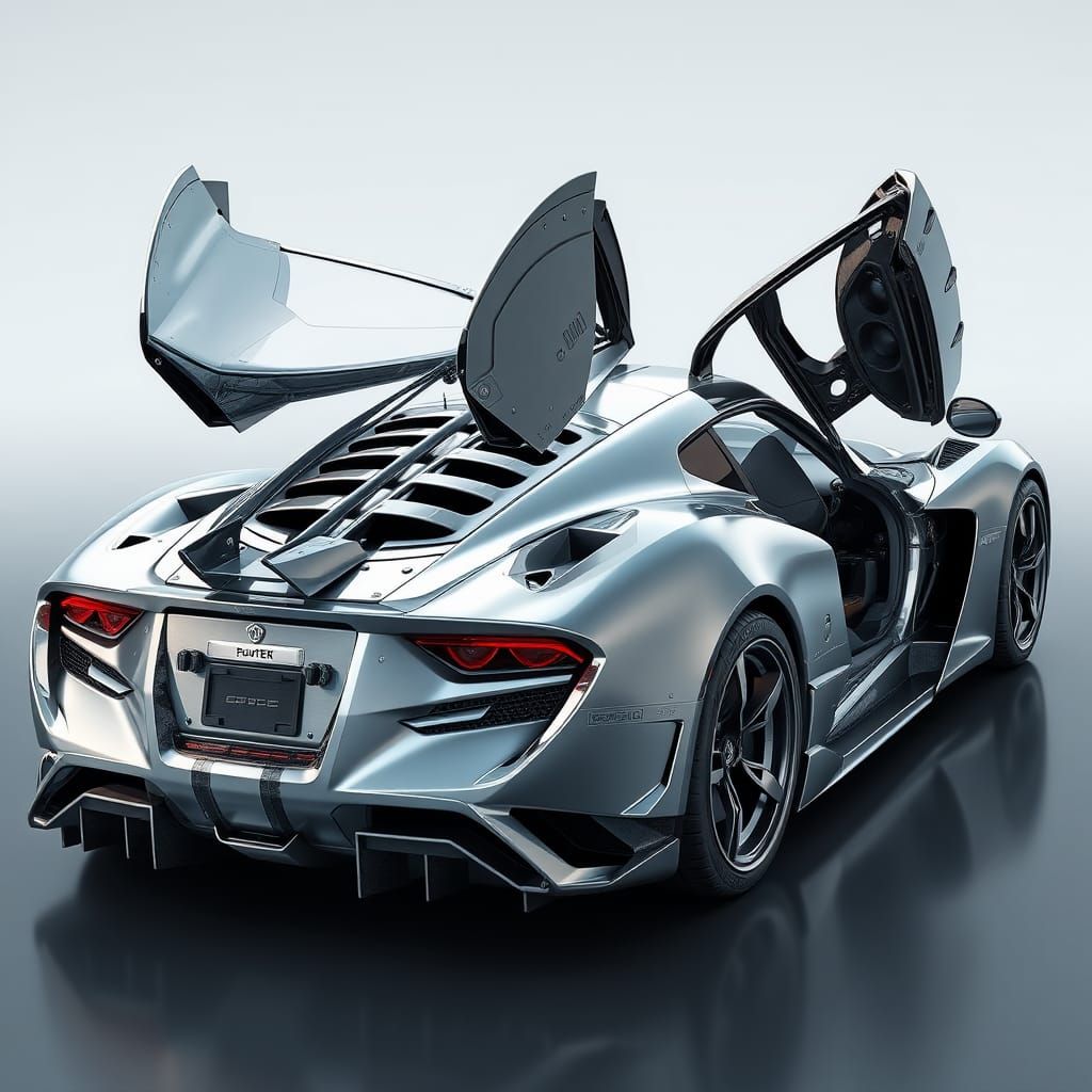 Luxurious Stainless-Steel Car with Gull-Wing Doors and Intri...
