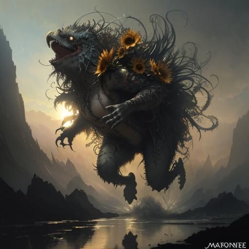 Sunflower Monster Chasing the Sun: Photorealistic Masterpiec...