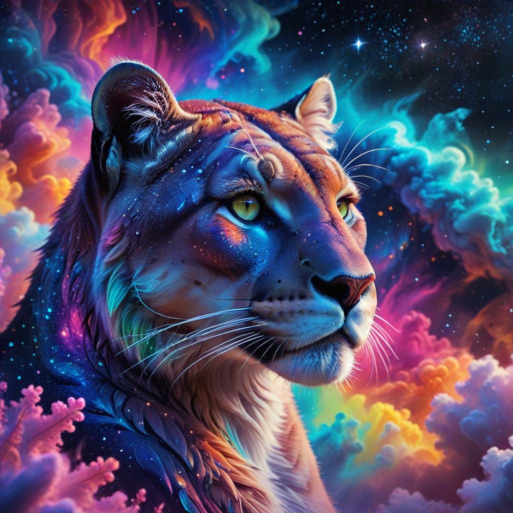 Surreal Cosmic Watercolor of a Majestic Cougar