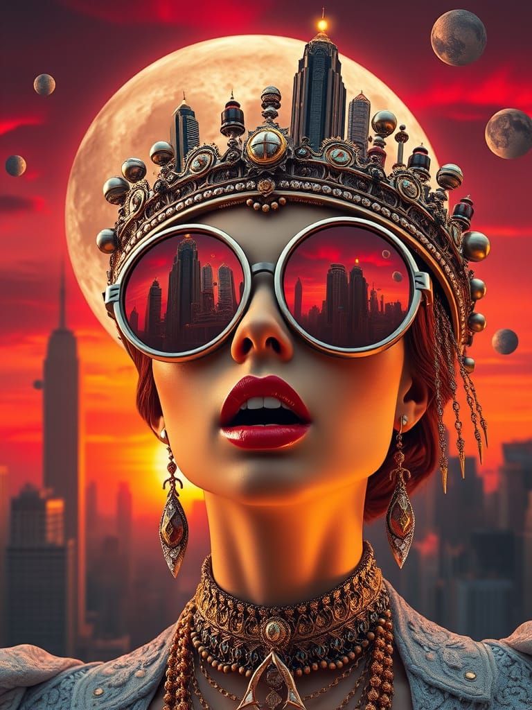 Surreal Woman with Baroque Crown and City Reflection