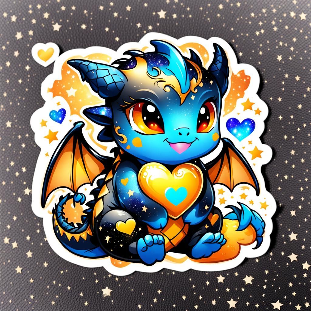 adorable baby  black gold and orange and blue chibi  happy d...