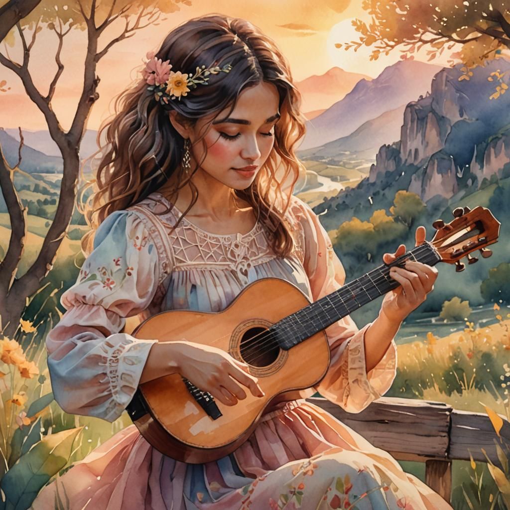 Sunset Guitar Serenade in Watercolor Fantasy Style