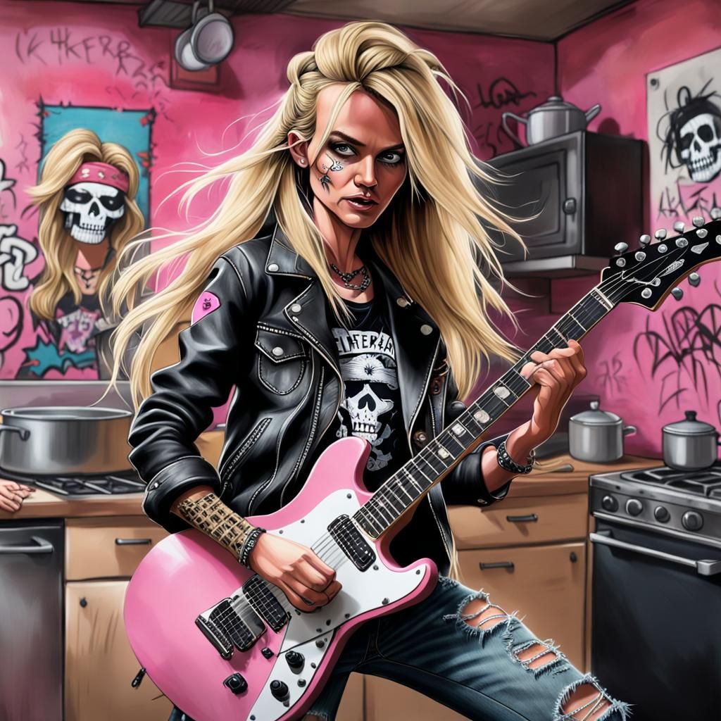 Rocker Chick Caricature with Leopard Guitar