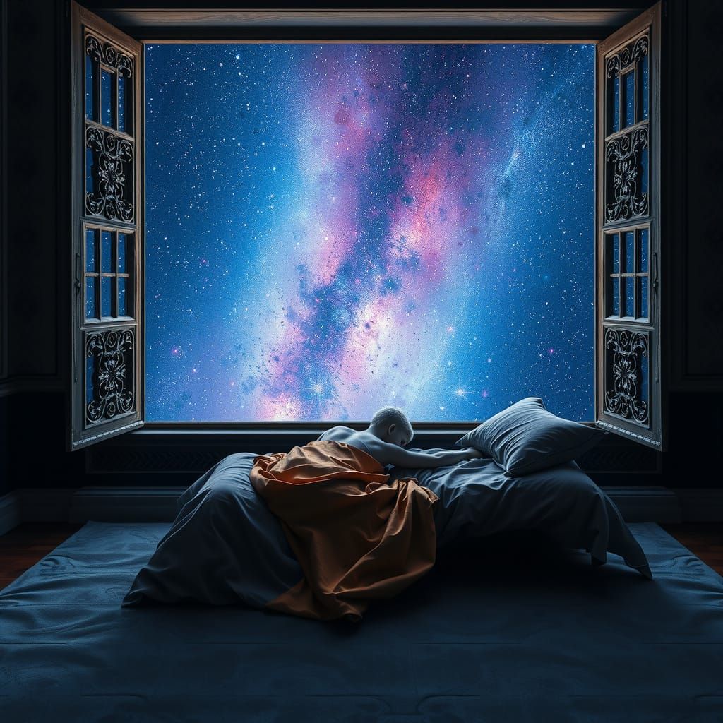 Dreamlike Bedroom Scene Under Starry Night Sky