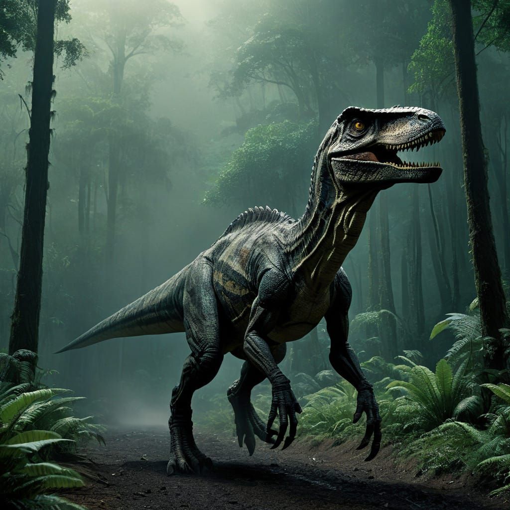 Dramatic Raptor Ride Through Ancient Forest in Cinematic Sty...