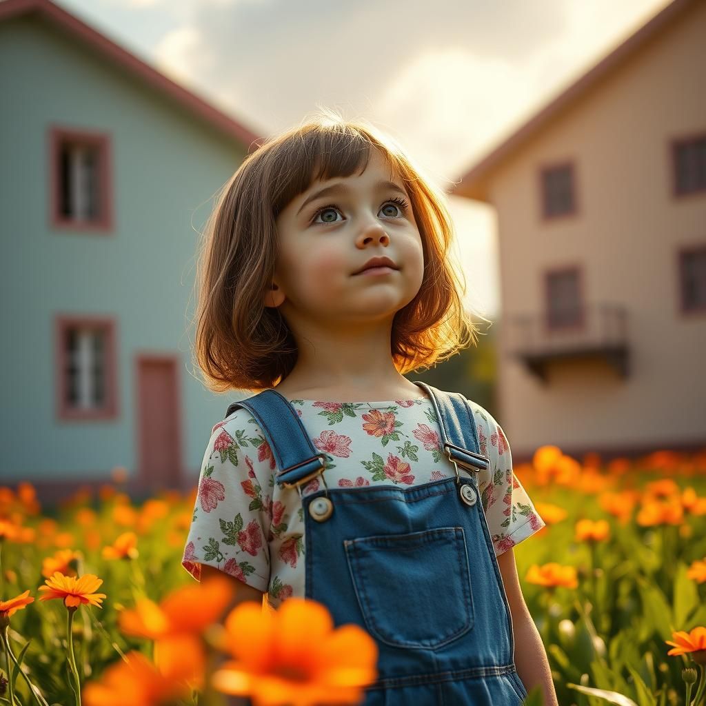 Girl in Floral Shirt in a Sunny Field