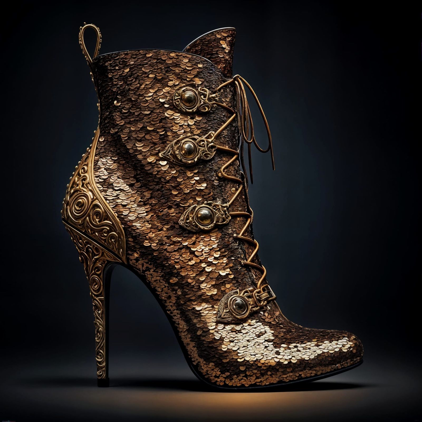 Steampunk Sequined Boots in Luxury Brown and Gold Detail