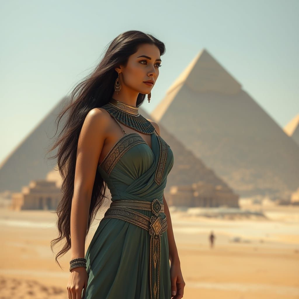 Ethereal Egyptian Woman in Retrofuturistic Art Deco Style