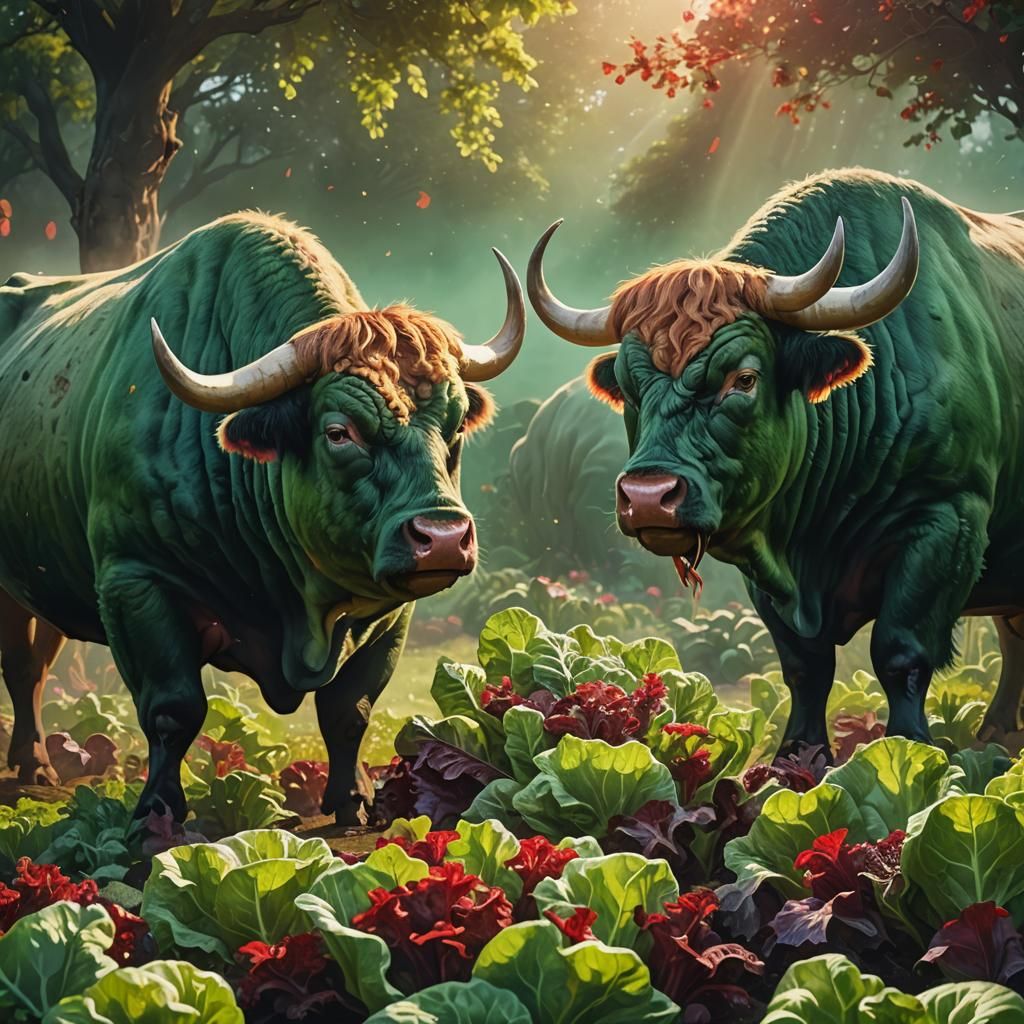 Bulls Eating Lettuce in a Dreamlike Garden