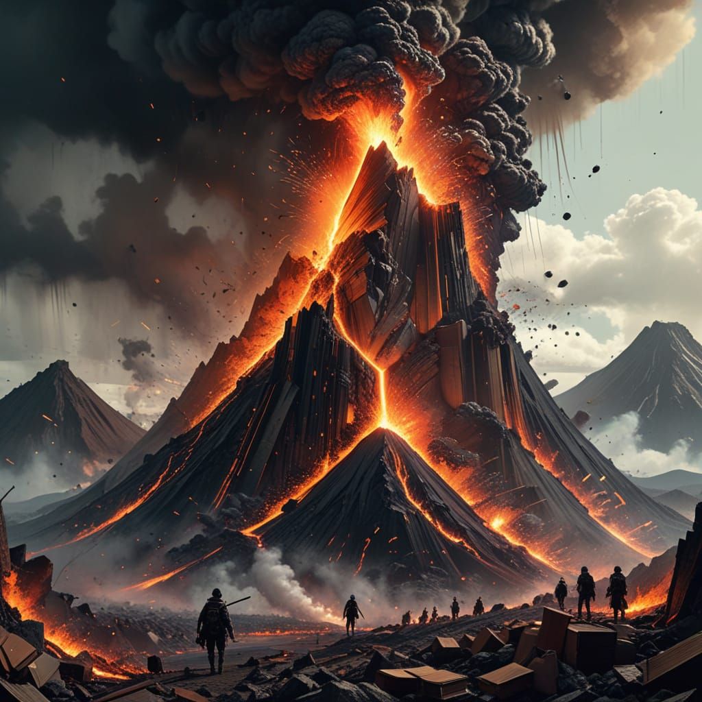 Volcano Eruption over Book Landscape in Manga Style