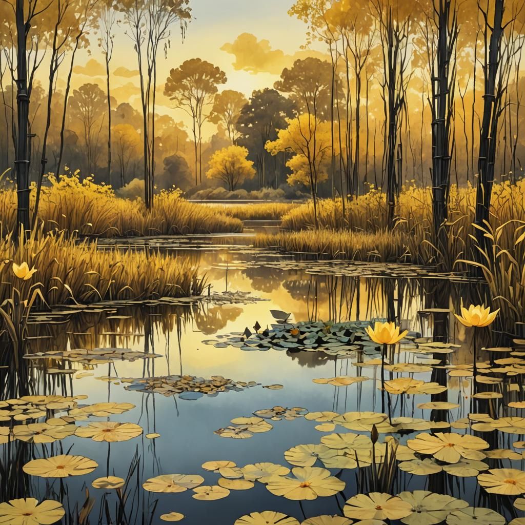 Golden Lake: Monochromatic Yellow Watercolor Landscape
