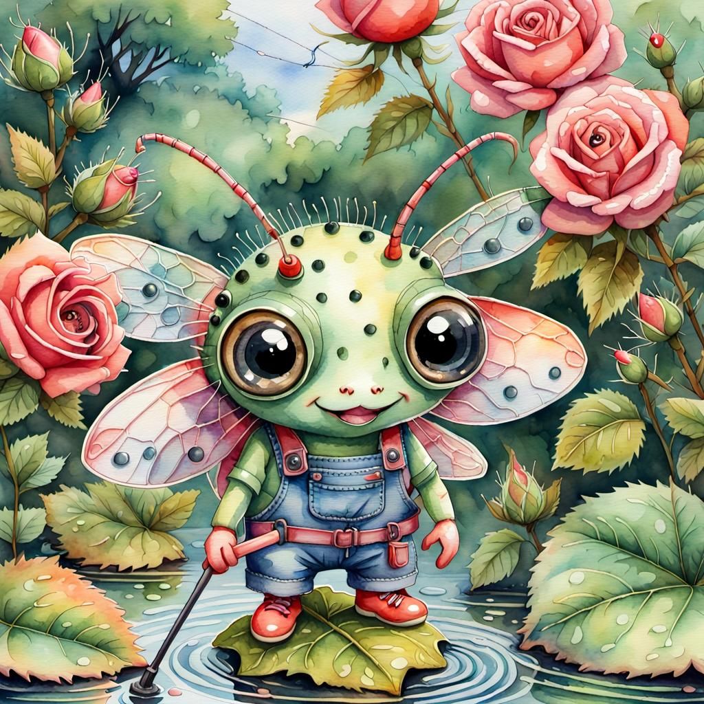 Adorable Aphid's Fishing Adventure: Watercolor Art