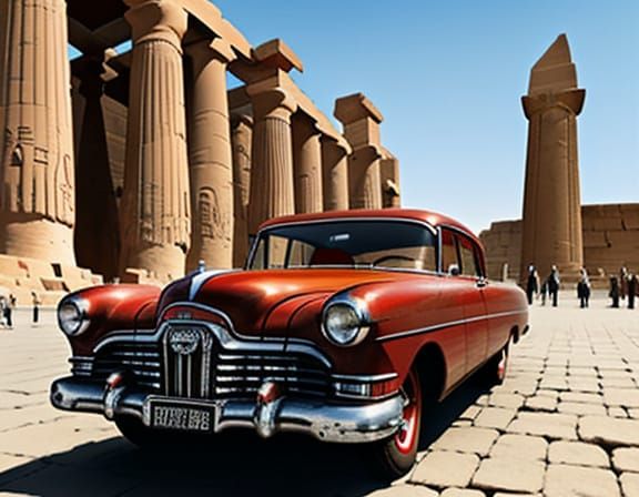Vintage Red Car at Ancient Luxor Temple in Soft Sunlight