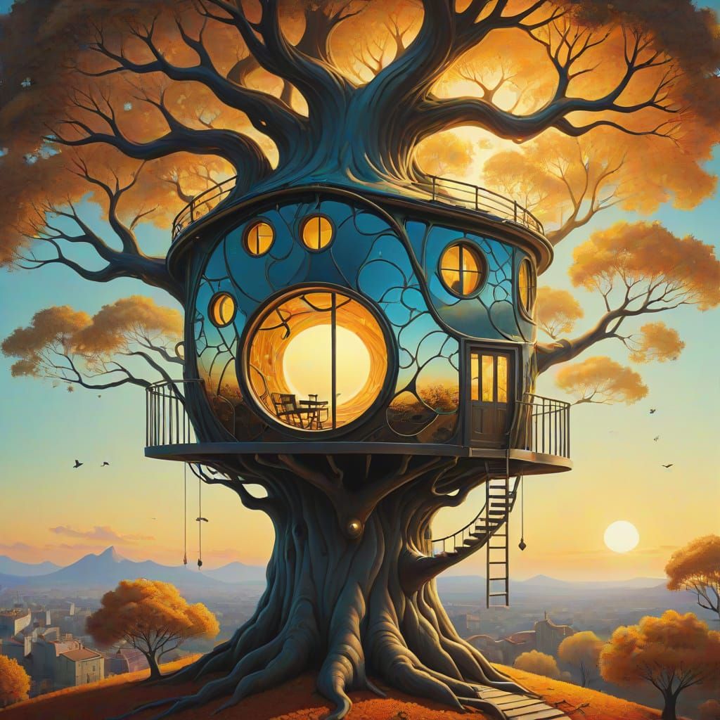 Surreal Treehouse in Iridescent Tree Glows with Sunset Light