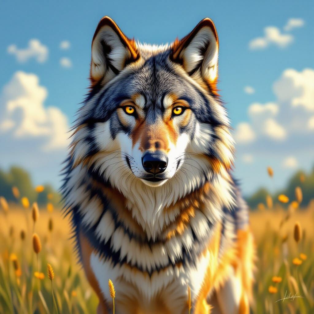 Vibrant Wolf in Summer Meadow Digital Painting