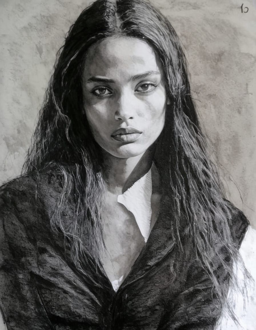 Goth Emo Girl Portrait in Minimalist Impasto Style