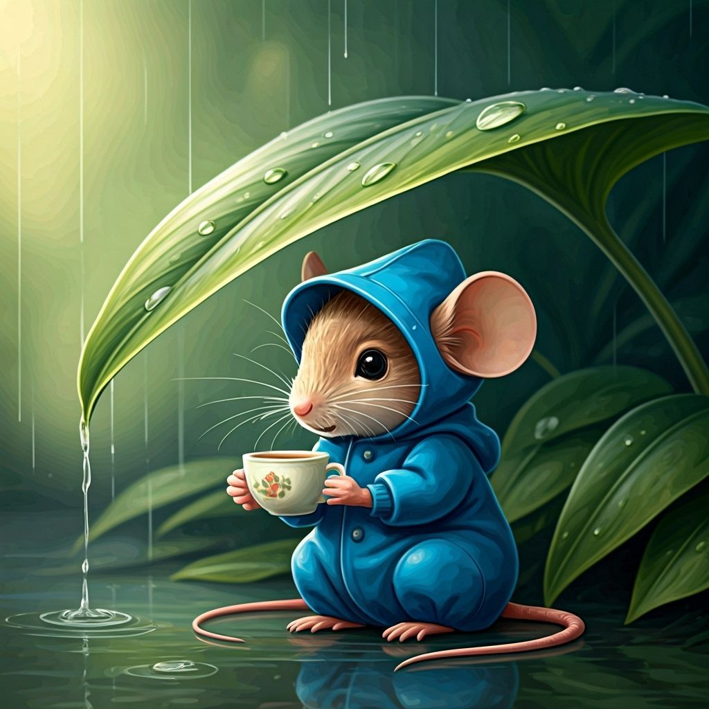 Mouse Sipping Tea Under Leaf in Pastel Art Style