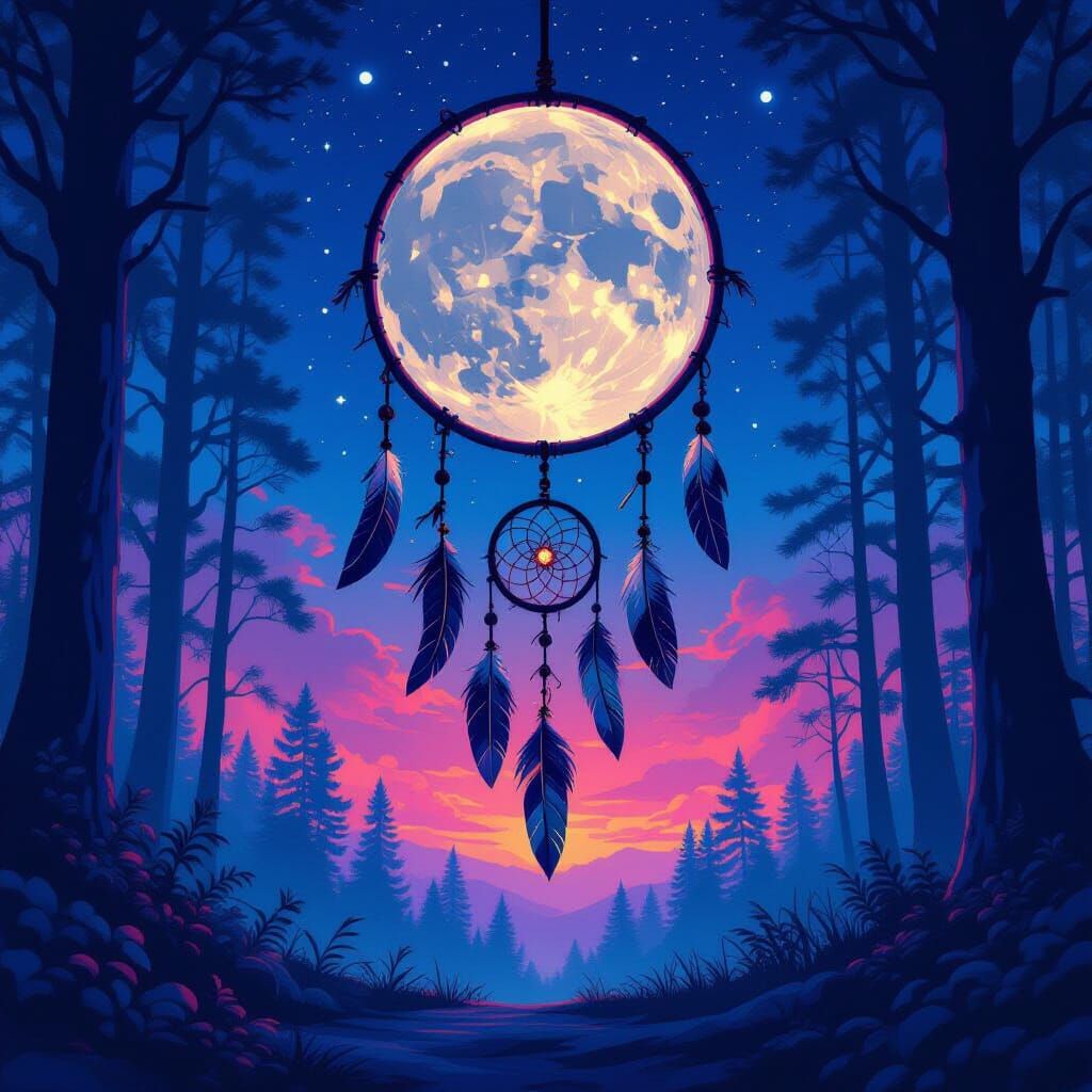 Dreamcatcher in Mystical Lunar Forest: Surreal Digital Art