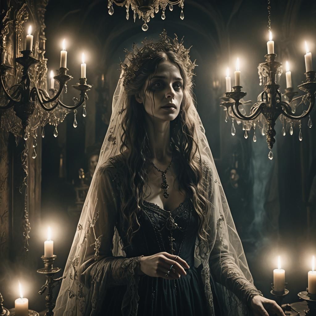 Ethereal Spirit Orbs in Decaying Mansion, Dark Surrealism