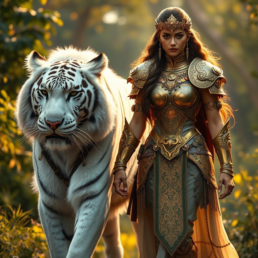 Regal Lady Warrior Walks with a Majestic White Tiger in Gold...