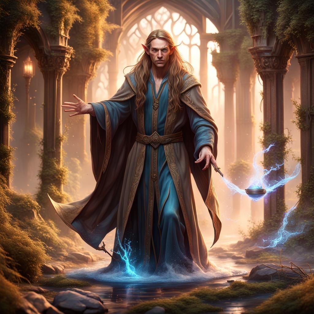 Young Elf Mage Casting Magic, Digital Art